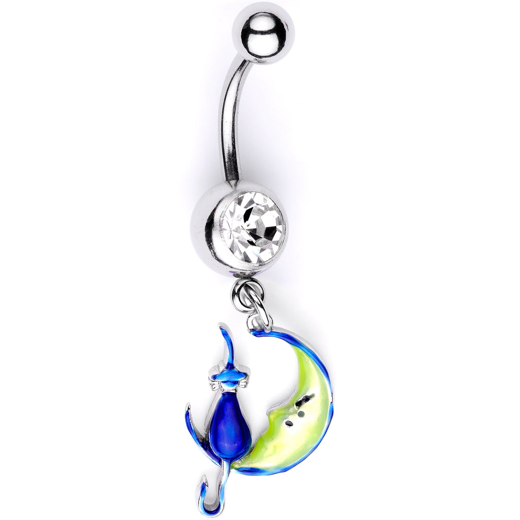 BodyCandy Clear Gem Blue Witch Cat Moon Halloween Dangle Belly Ring — main product shot