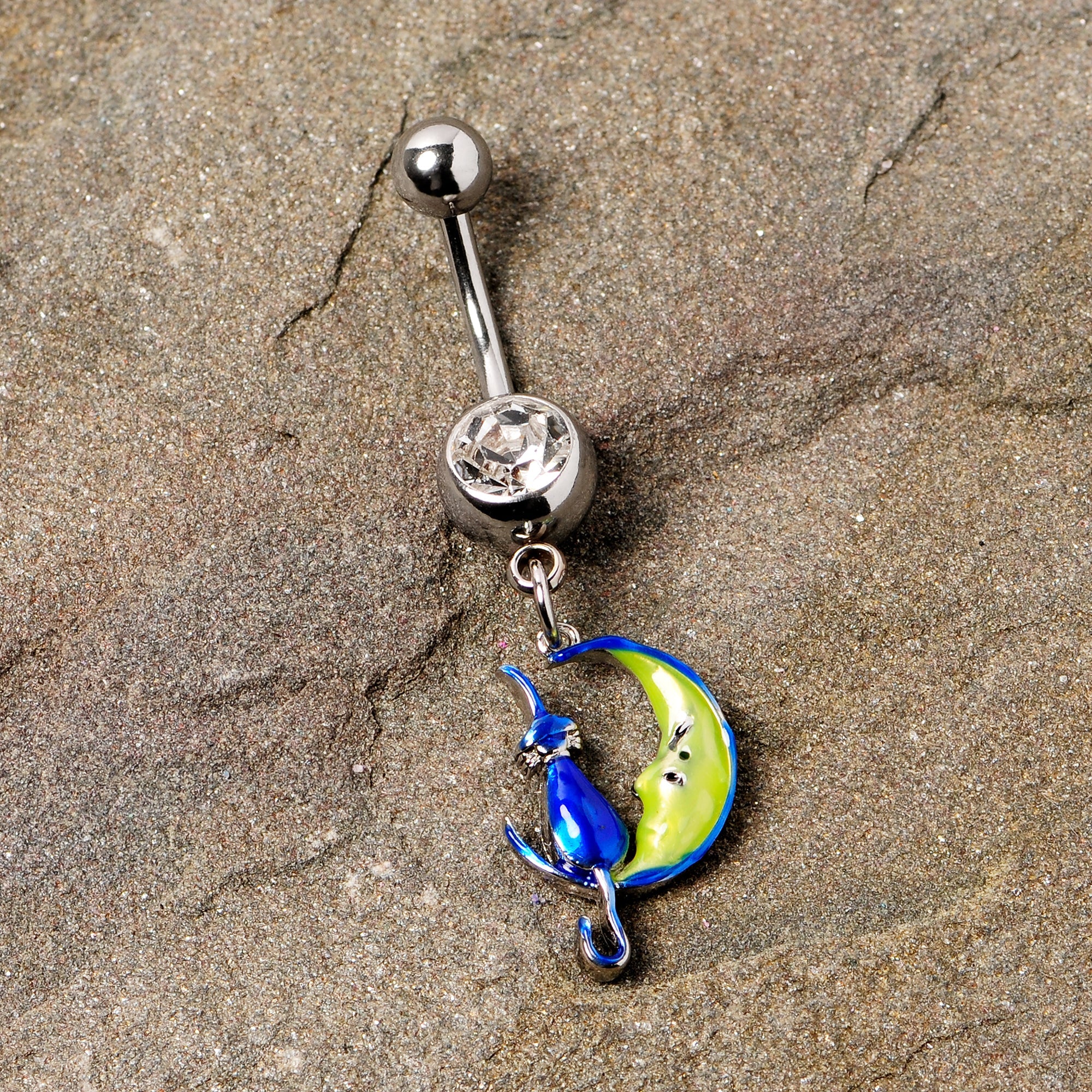 BodyCandy Clear Gem Blue Witch Cat Moon Halloween Dangle Belly Ring — detail close-up