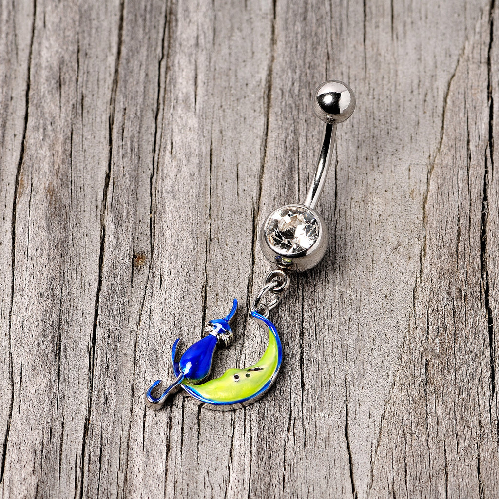 BodyCandy Clear Gem Blue Witch Cat Moon Halloween Dangle Belly Ring — lifestyle context