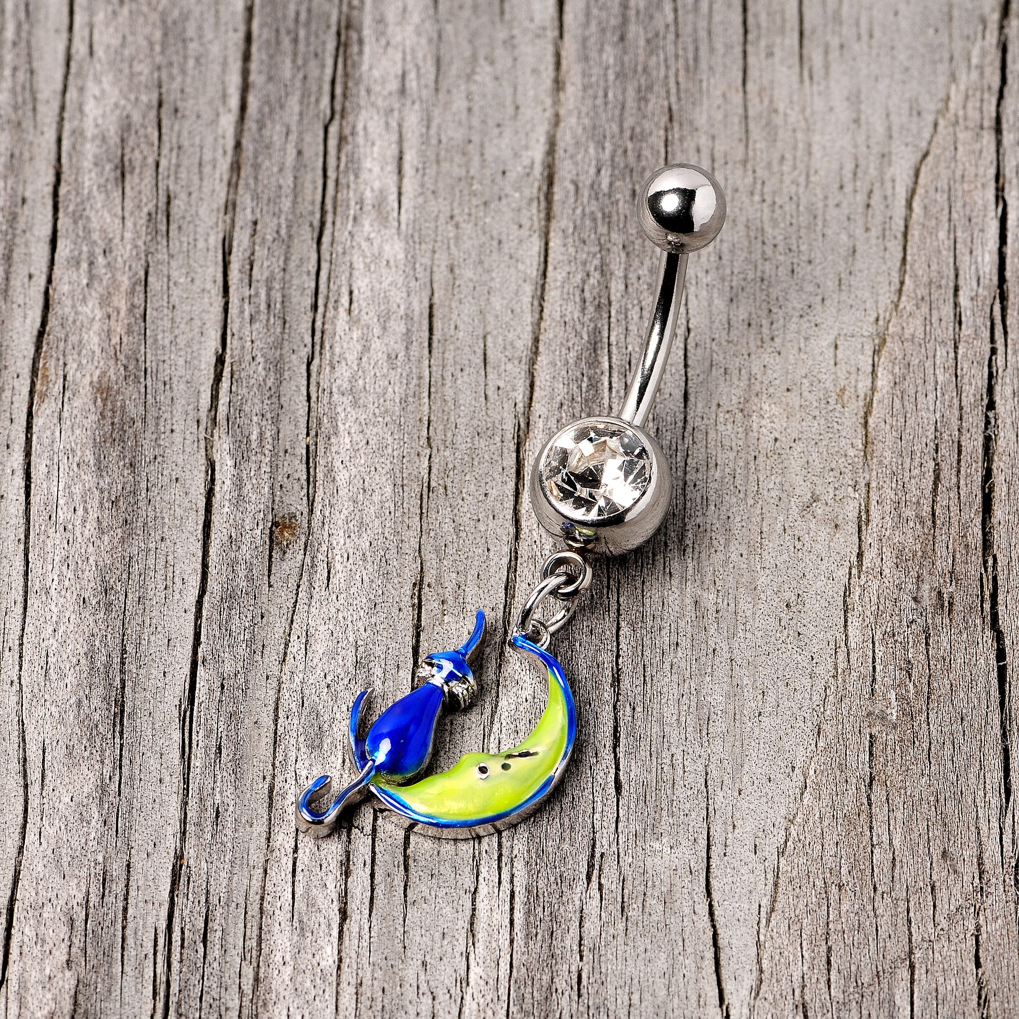 BodyCandy Clear Gem Blue Witch Cat Moon Halloween Dangle Belly Ring — lifestyle context