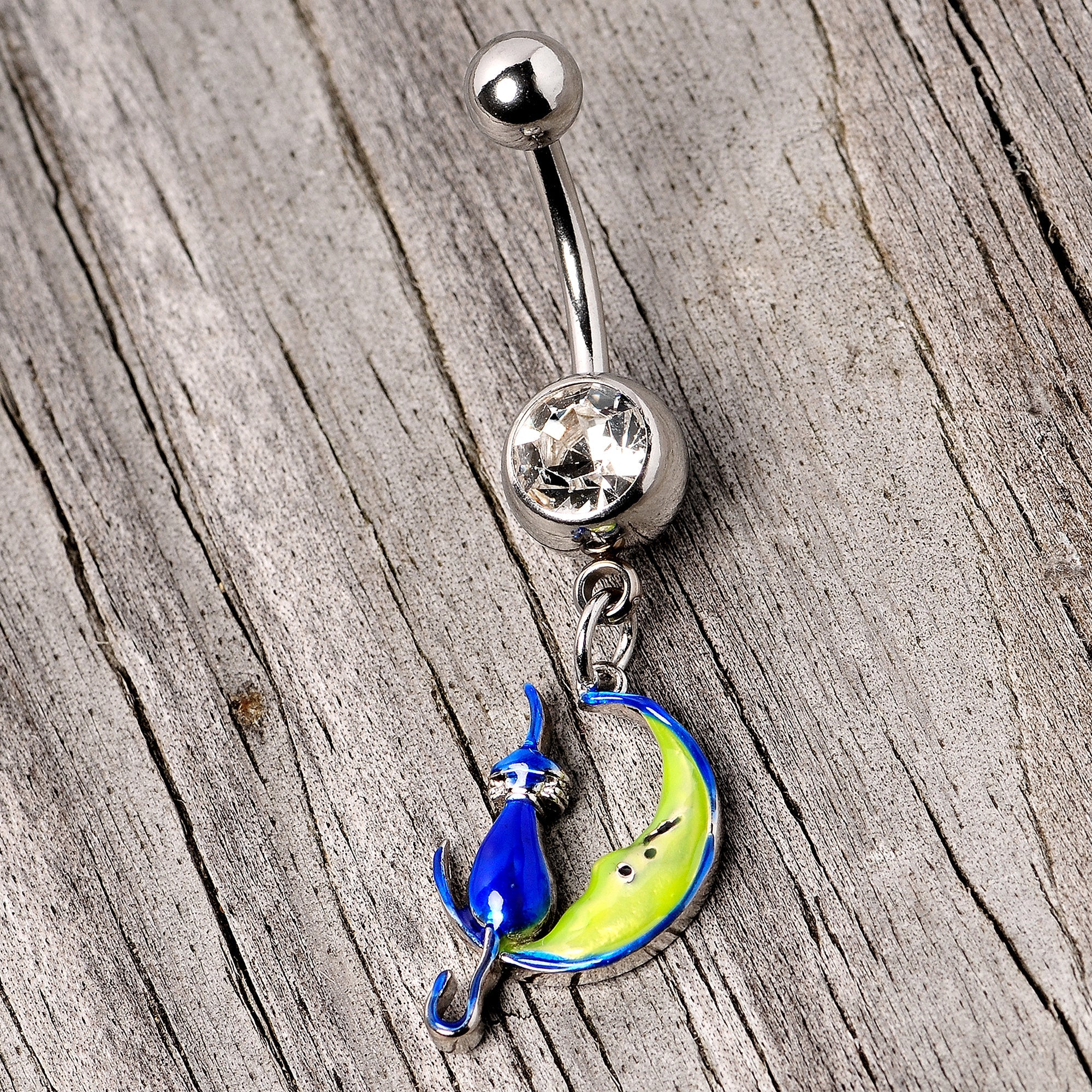 BodyCandy Clear Gem Blue Witch Cat Moon Halloween Dangle Belly Ring — side view