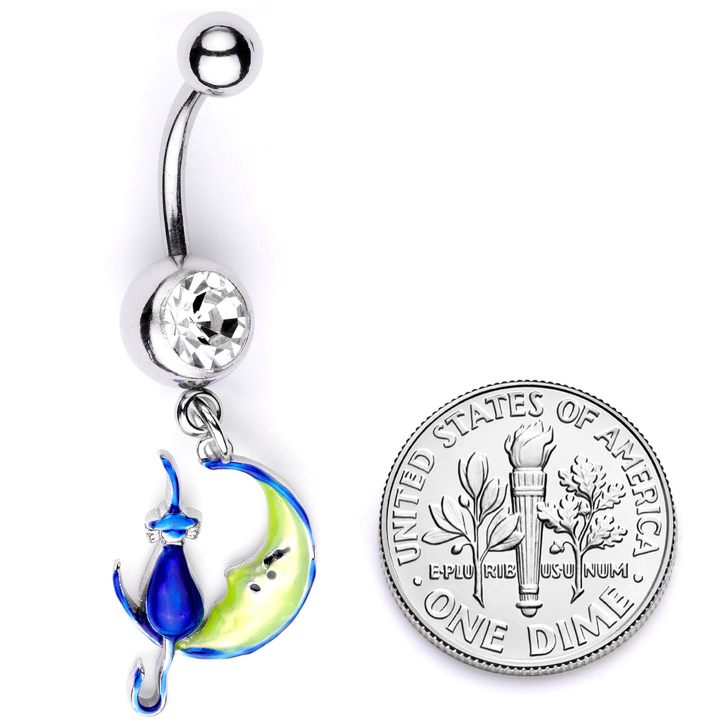 BodyCandy Clear Gem Blue Witch Cat Moon Halloween Dangle Belly Ring — back view