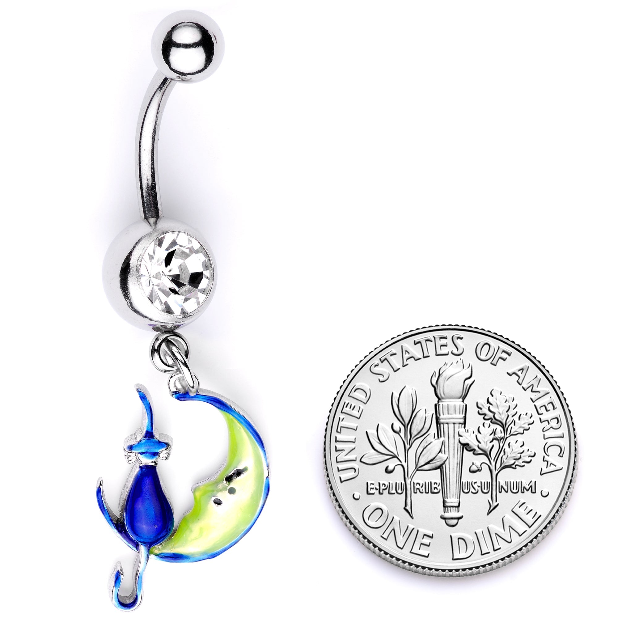 BodyCandy Clear Gem Blue Witch Cat Moon Halloween Dangle Belly Ring — back view