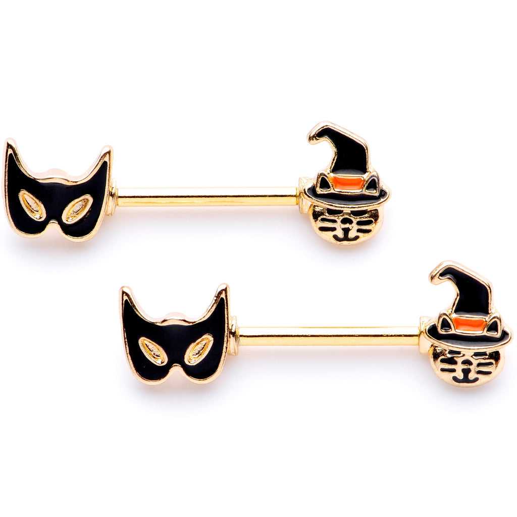BodyCandy 14G 9/16 Gold Tone Witch Cat Halloween Barbell Nipple Ring Set — main product shot