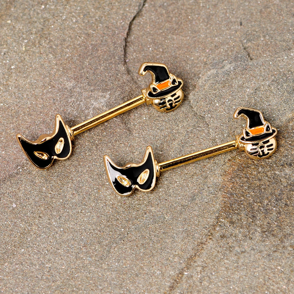 BodyCandy 14G 9/16 Gold Tone Witch Cat Halloween Barbell Nipple Ring Set — detail close-up