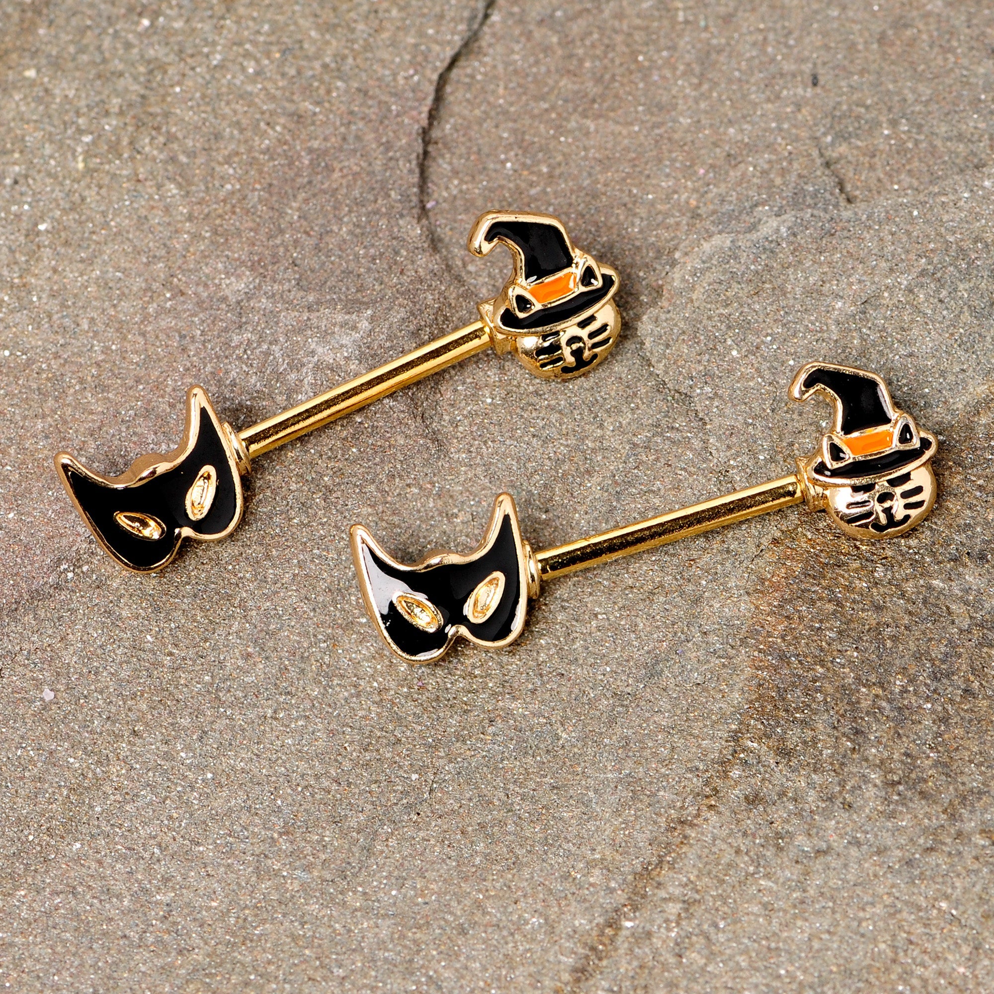 BodyCandy 14G 9/16 Gold Tone Witch Cat Halloween Barbell Nipple Ring Set — detail close-up