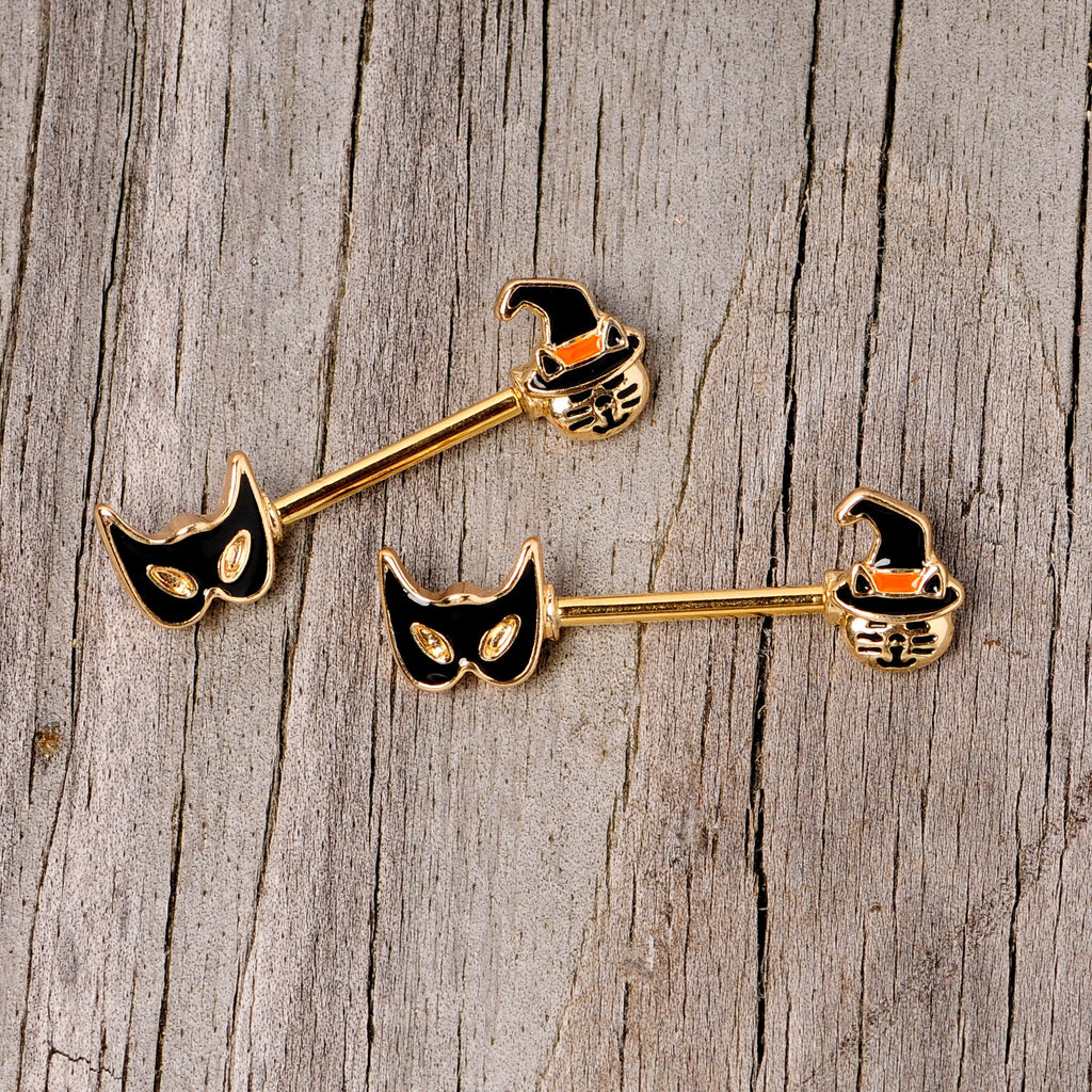 BodyCandy 14G 9/16 Gold Tone Witch Cat Halloween Barbell Nipple Ring Set — lifestyle context