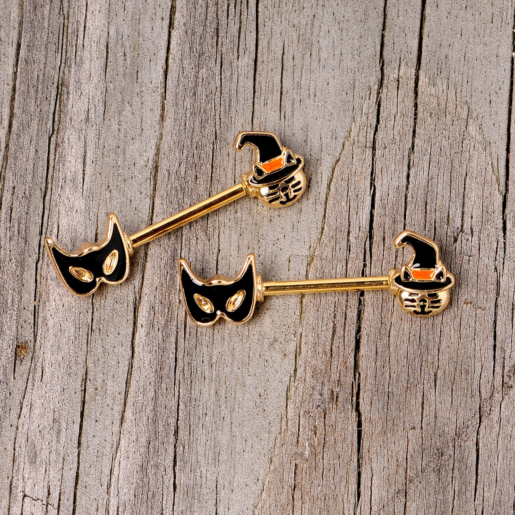 BodyCandy 14G 9/16 Gold Tone Witch Cat Halloween Barbell Nipple Ring Set — lifestyle context
