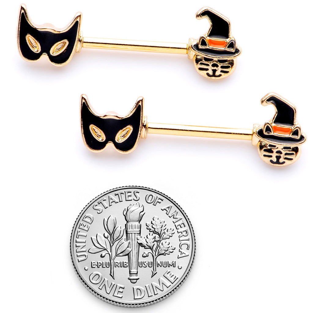 BodyCandy 14G 9/16 Gold Tone Witch Cat Halloween Barbell Nipple Ring Set — side view