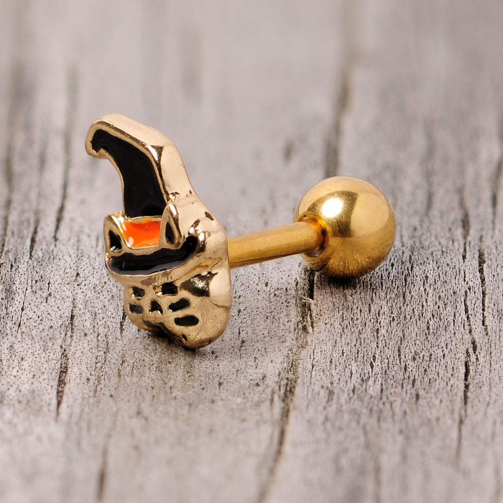 BodyCandy 16G 1/4 Black Gold Tone Witch Hat Cat Halloween Cartilage Tragus — back view