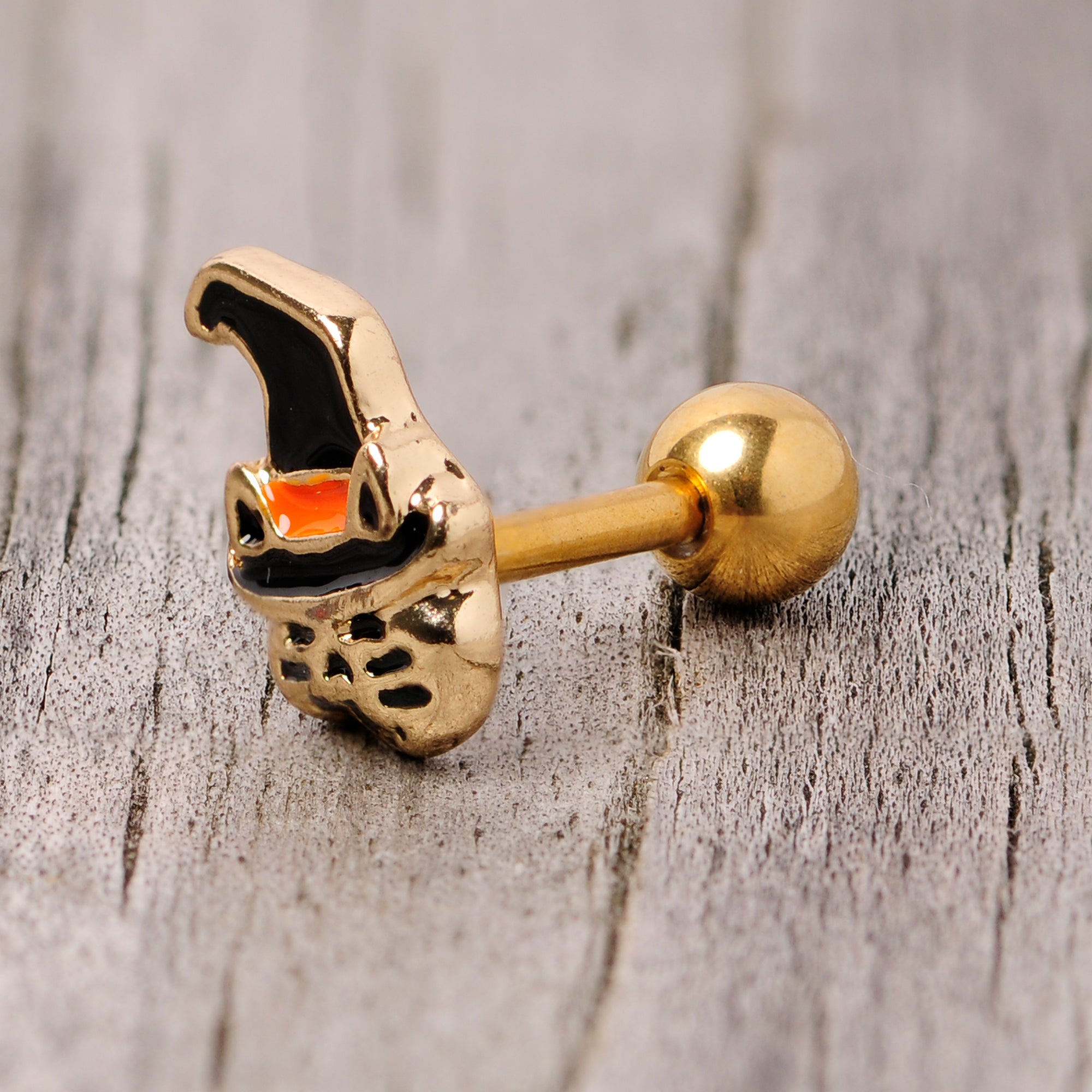 BodyCandy 16G 1/4 Black Gold Tone Witch Hat Cat Halloween Cartilage Tragus — back view