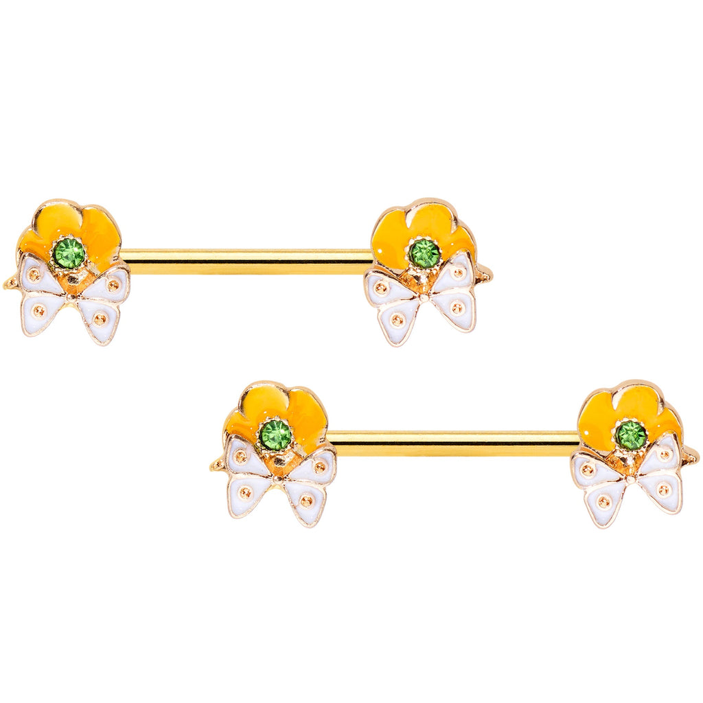 BodyCandy 14G 9/16 Green Gem Gold Tone Butterfly Barbell Nipple Ring Set — main product shot