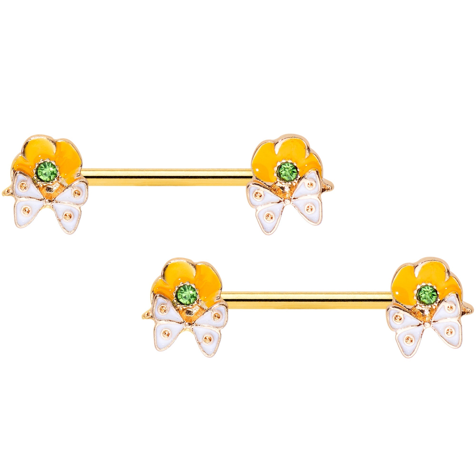 BodyCandy 14G 9/16 Green Gem Gold Tone Butterfly Barbell Nipple Ring Set — main product shot