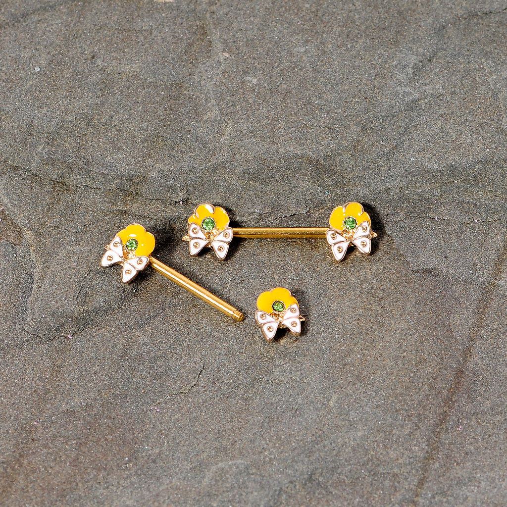 BodyCandy 14G 9/16 Green Gem Gold Tone Butterfly Barbell Nipple Ring Set — side view