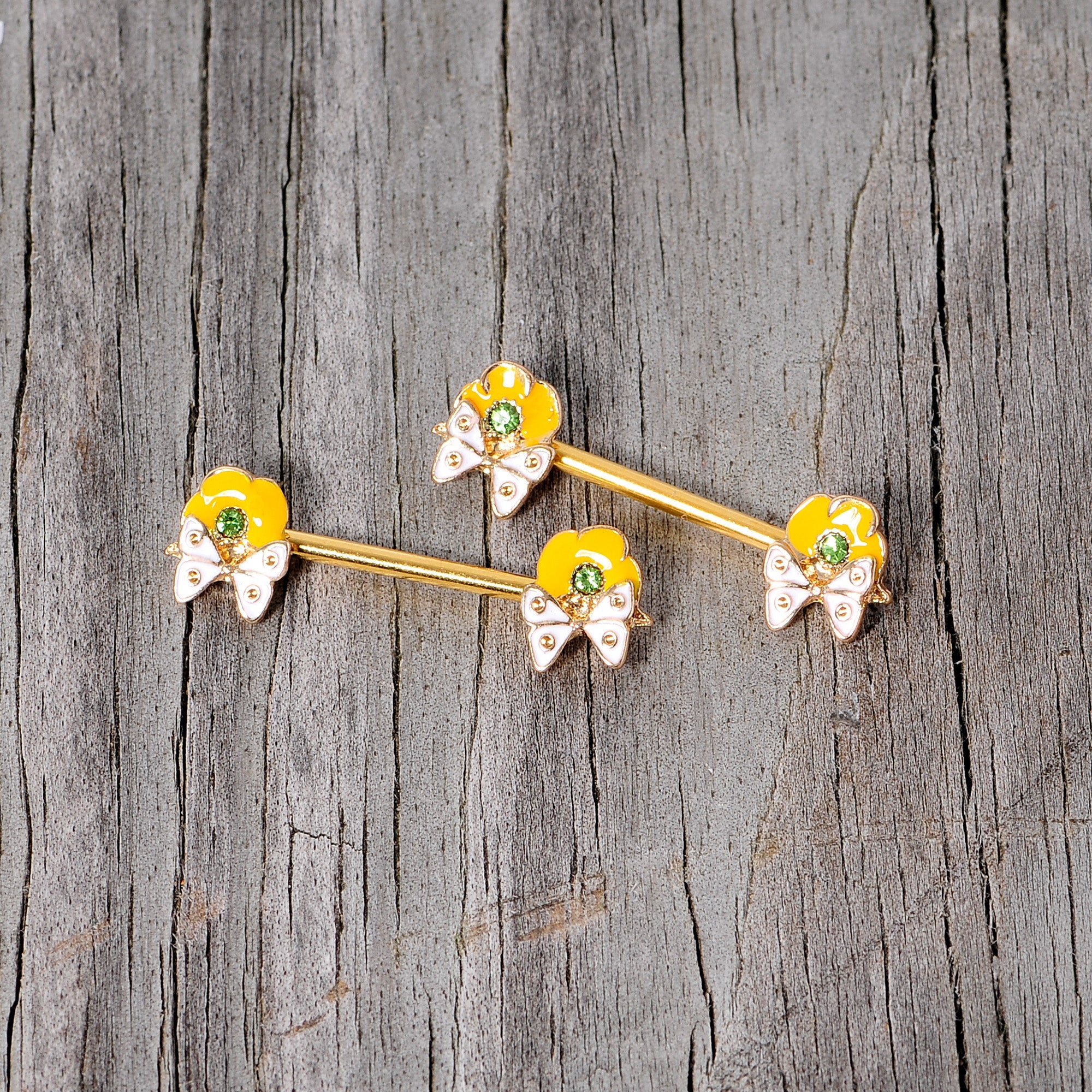 BodyCandy 14G 9/16 Green Gem Gold Tone Butterfly Barbell Nipple Ring Set — back view