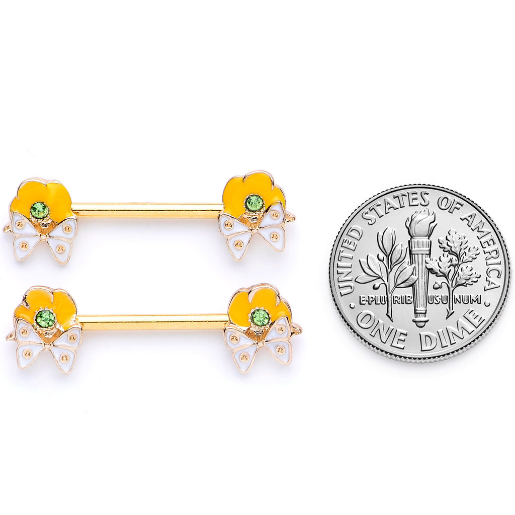 BodyCandy 14G 9/16 Green Gem Gold Tone Butterfly Barbell Nipple Ring Set — alternative angle