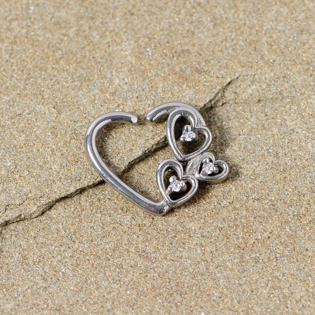 BodyCandy 16G 3/8 Clear CZ Gem Valentines Day Left Heart Closure Ring — detail close-up