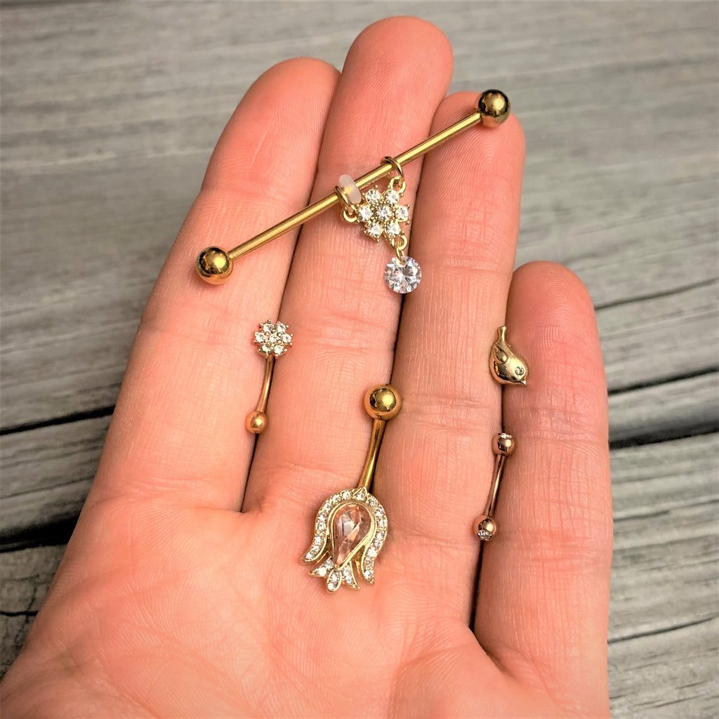 BodyCandy 16G 1/4 Clear Gem Gold Tone Little Bird Cartilage Tragus Earring — detail close-up