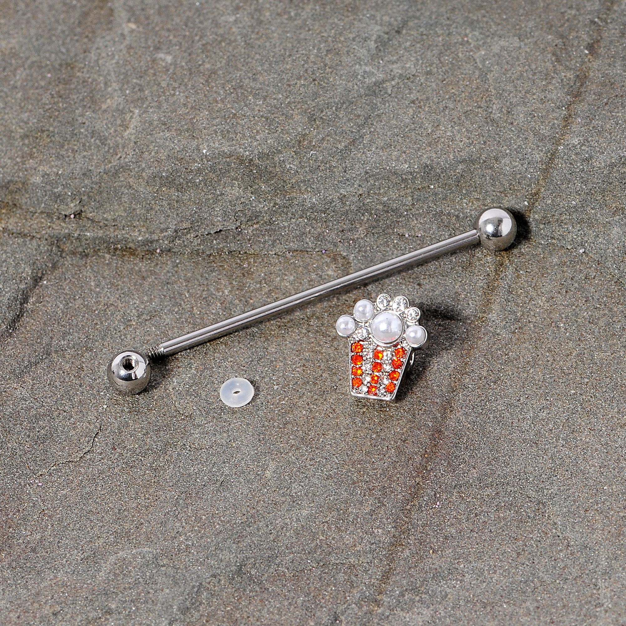 BodyCandy 14G White Orb Movie Night Popcorn Industrial Barbell 38mm — side view