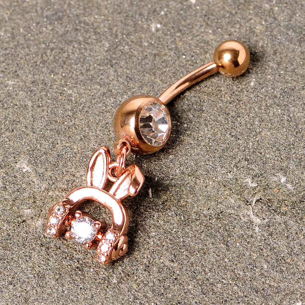 BodyCandy Clear Gem Rose Gold Tone Bunny Ear Headphones Dangle Belly Ring — detail close-up