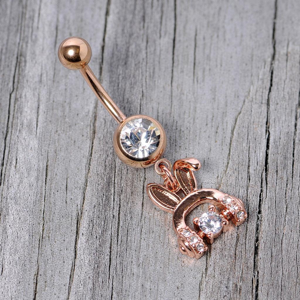 BodyCandy Clear Gem Rose Gold Tone Bunny Ear Headphones Dangle Belly Ring — side view
