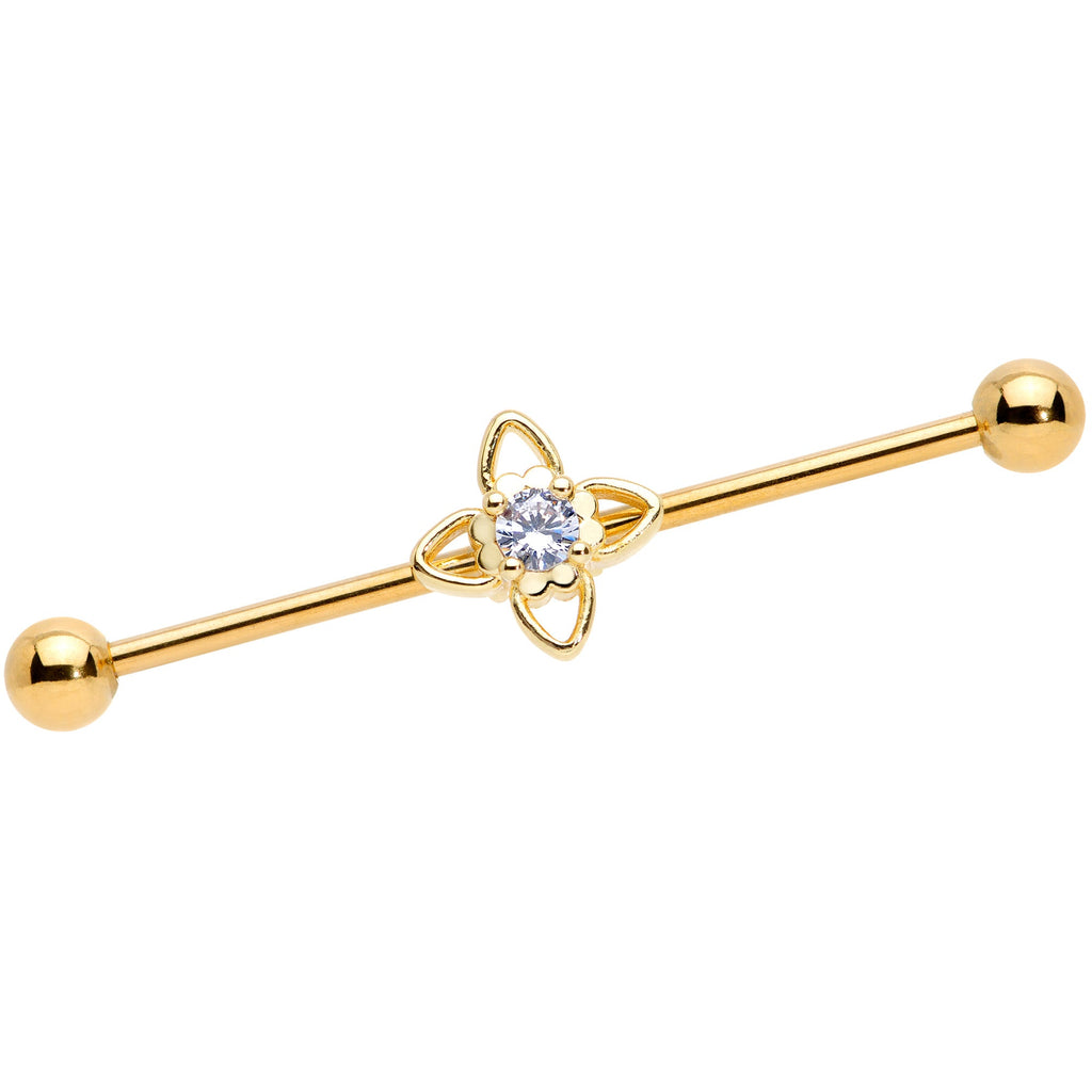BodyCandy 14G Clear CZ Gem Gold Tone Open Flower Industrial Barbell 38mm — main product shot