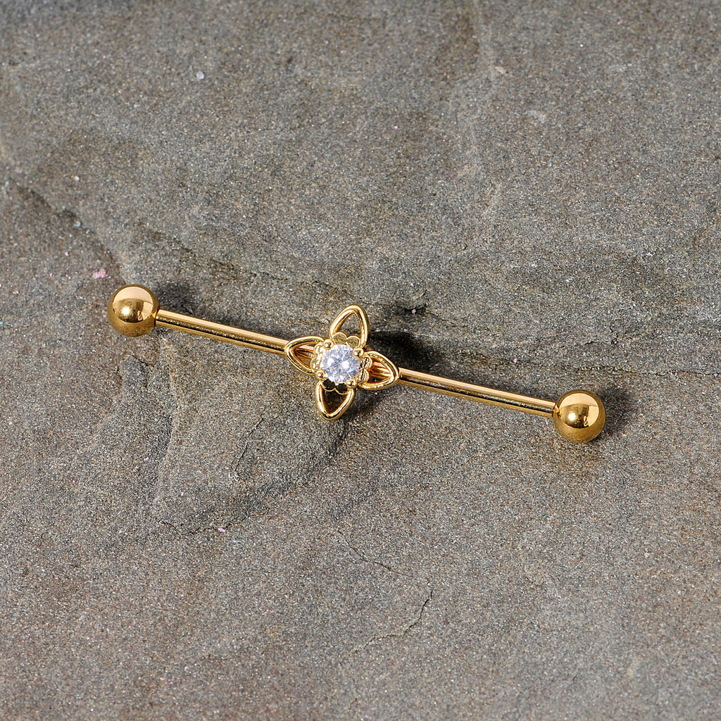 BodyCandy 14G Clear CZ Gem Gold Tone Open Flower Industrial Barbell 38mm — side view