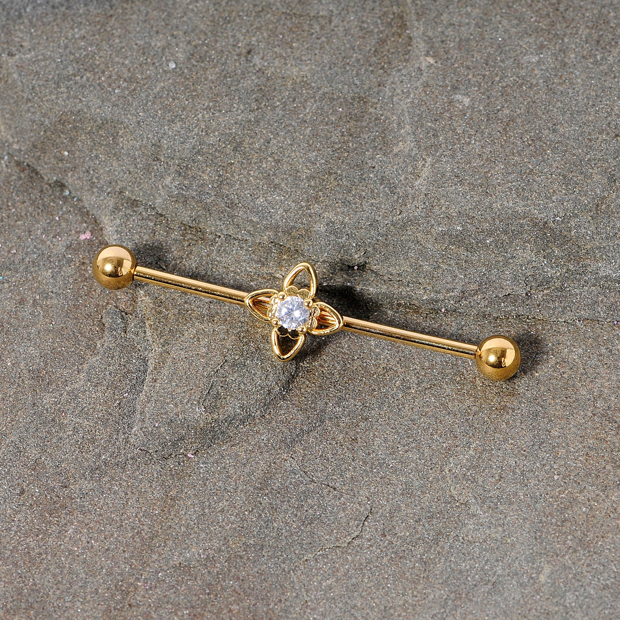 BodyCandy 14G Clear CZ Gem Gold Tone Open Flower Industrial Barbell 38mm — side view