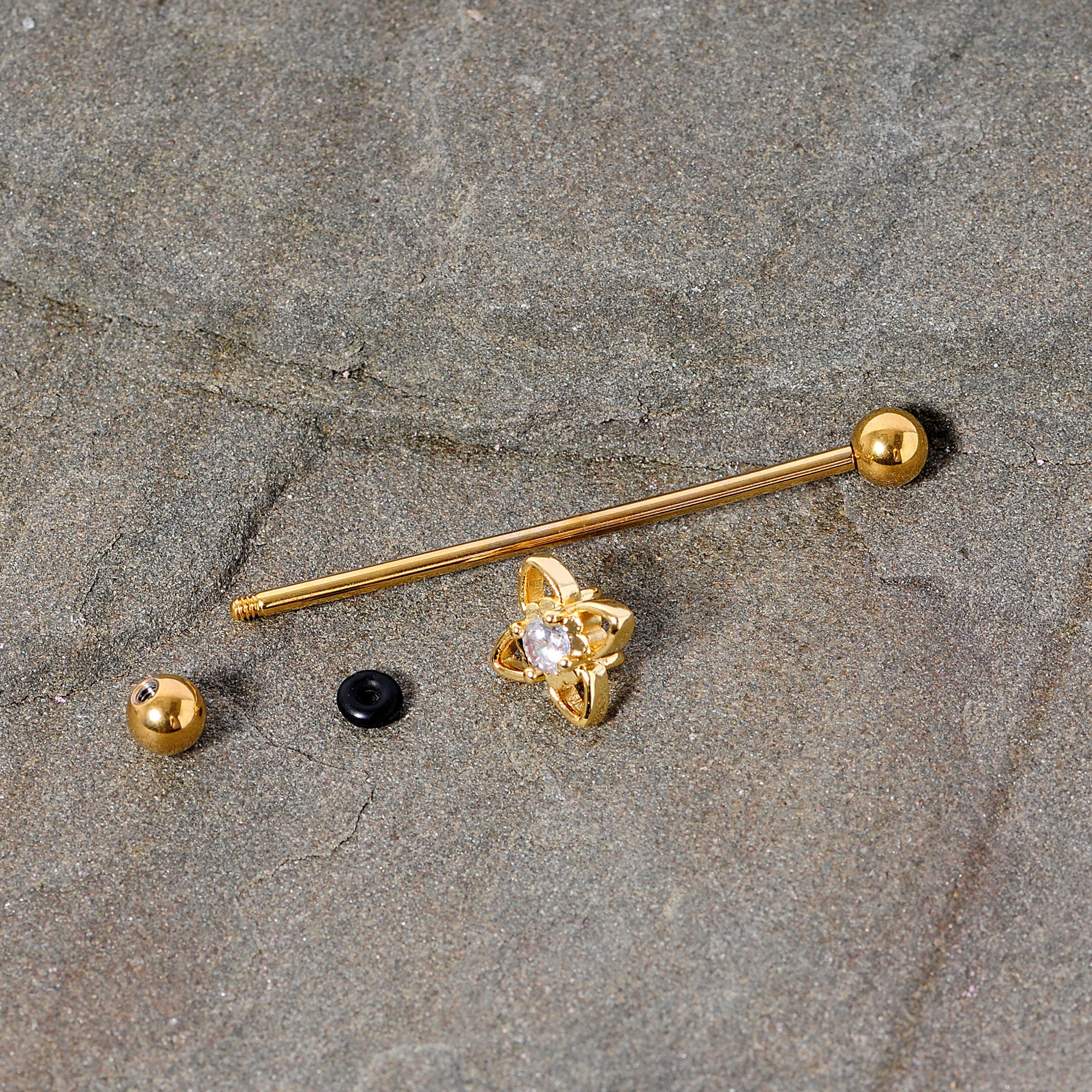 BodyCandy 14G Clear CZ Gem Gold Tone Open Flower Industrial Barbell 38mm — back view