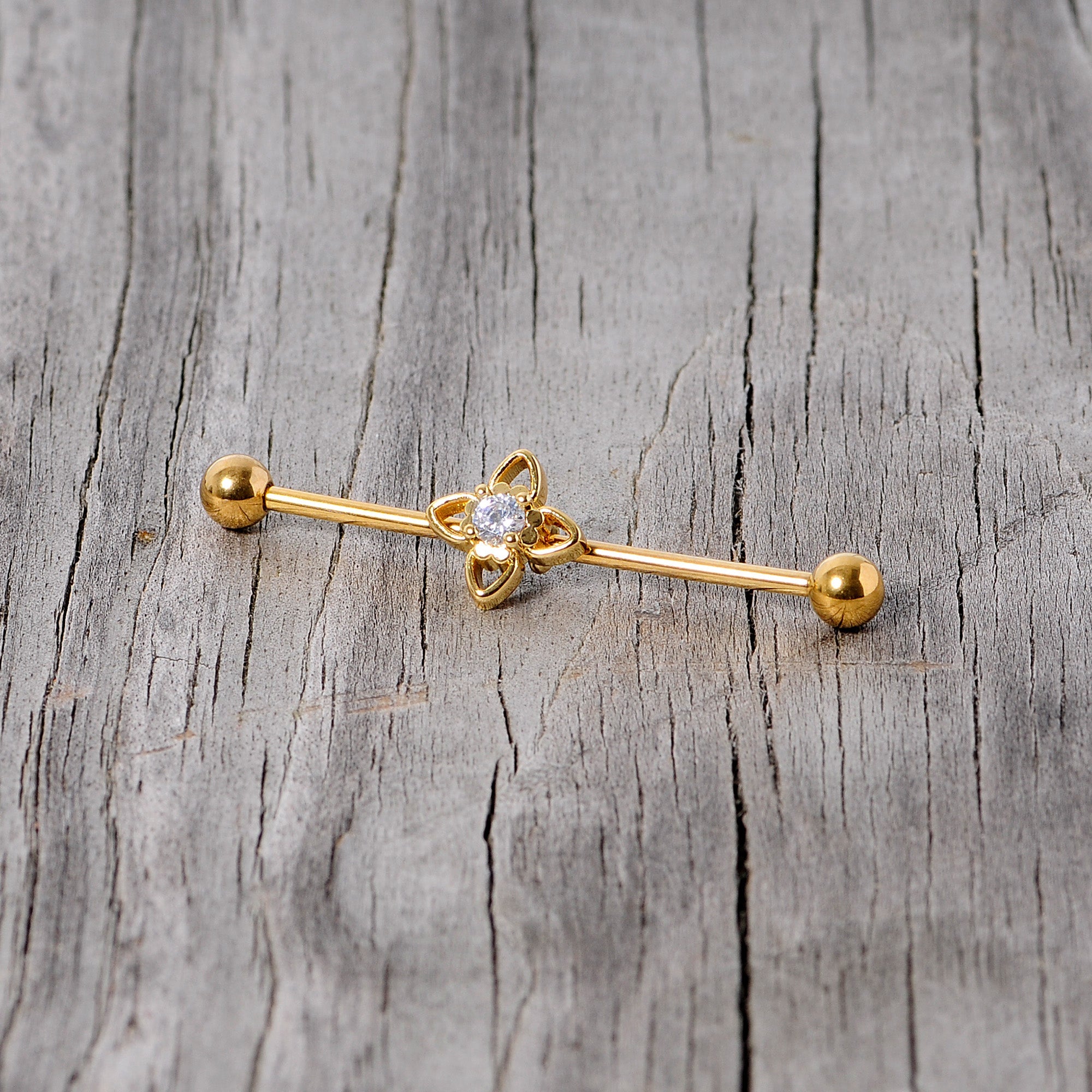BodyCandy 14G Clear CZ Gem Gold Tone Open Flower Industrial Barbell 38mm — alternative angle
