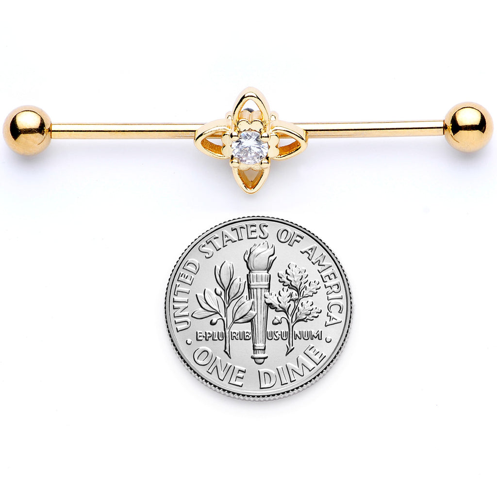 BodyCandy 14G Clear CZ Gem Gold Tone Open Flower Industrial Barbell 38mm — in-use photo