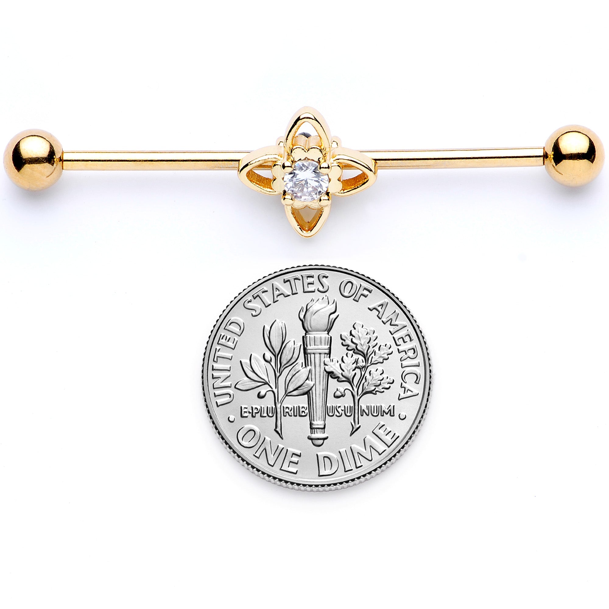 BodyCandy 14G Clear CZ Gem Gold Tone Open Flower Industrial Barbell 38mm — in-use photo