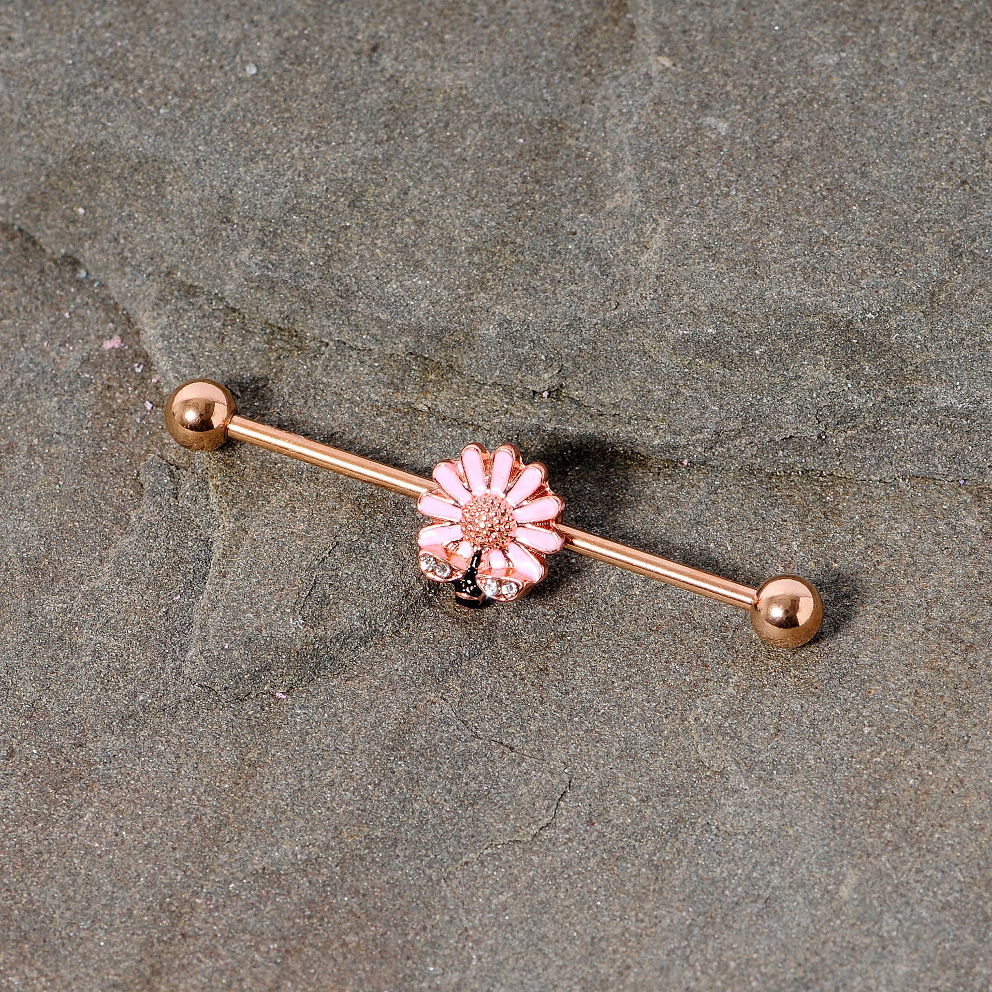 BodyCandy 14G Clear Gem Rose Gold Tone Flower Bee Industrial Barbell 38mm — detail close-up