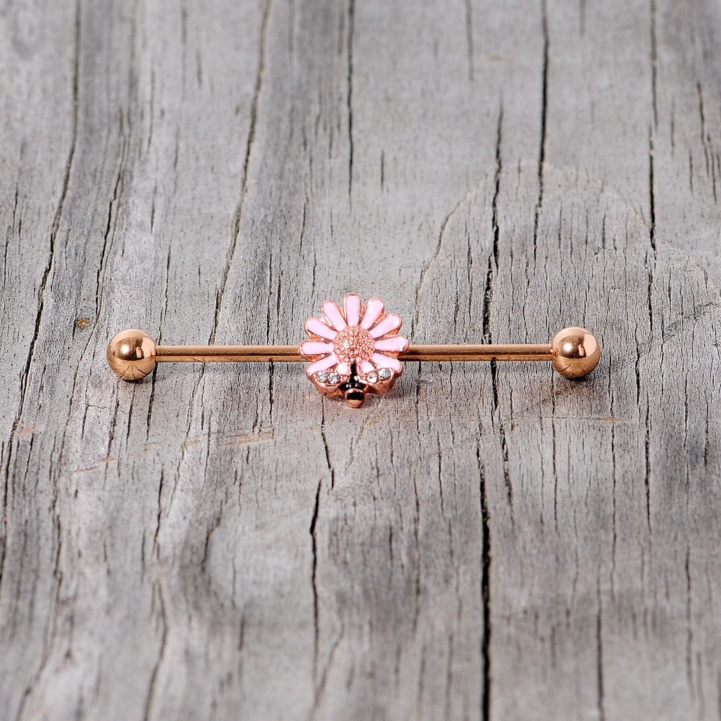 BodyCandy 14G Clear Gem Rose Gold Tone Flower Bee Industrial Barbell 38mm — side view