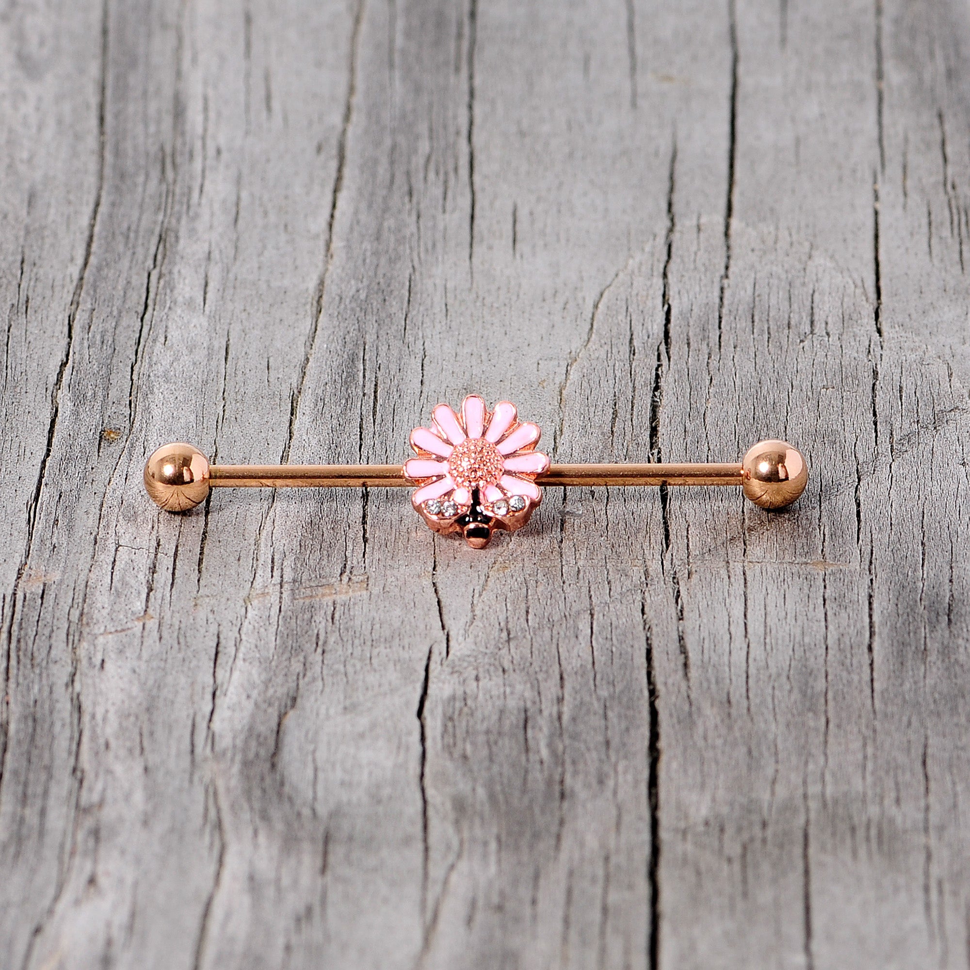 BodyCandy 14G Clear Gem Rose Gold Tone Flower Bee Industrial Barbell 38mm — side view
