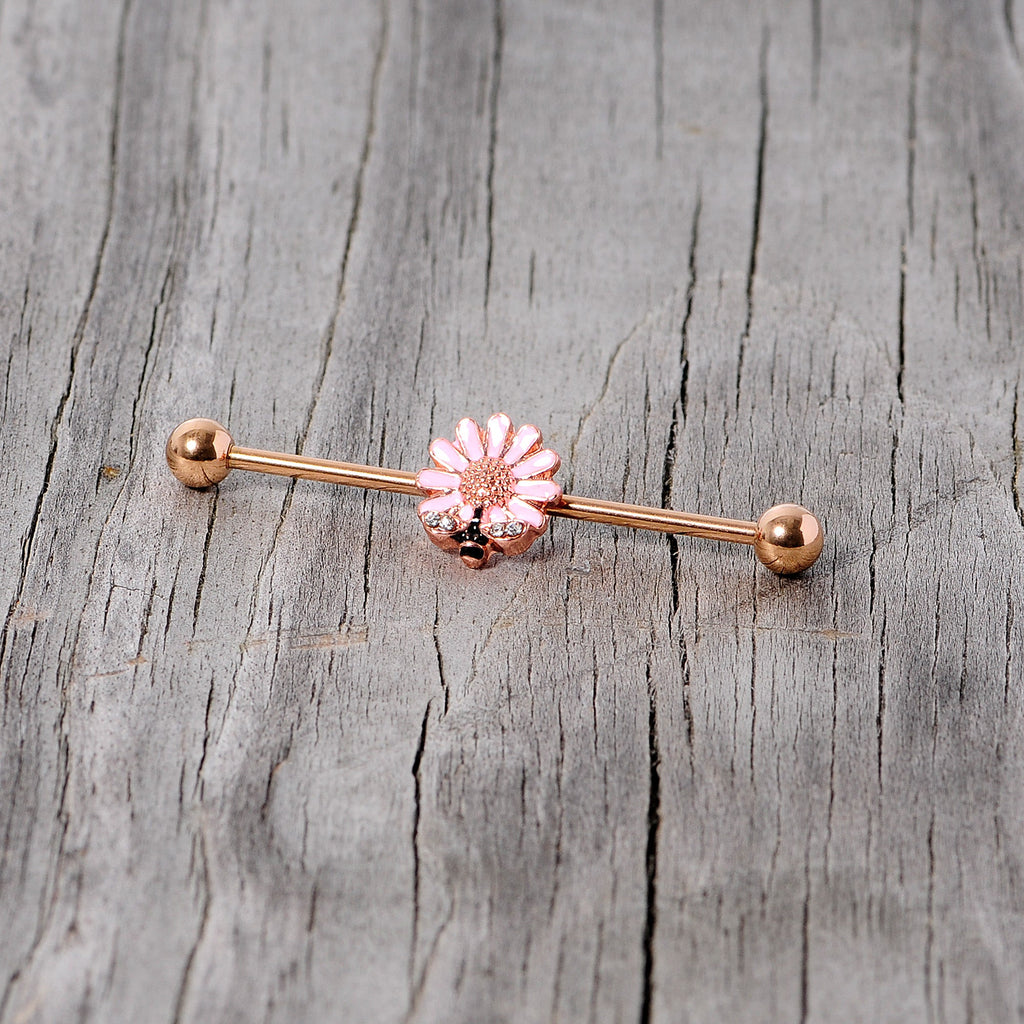 BodyCandy 14G Clear Gem Rose Gold Tone Flower Bee Industrial Barbell 38mm — back view