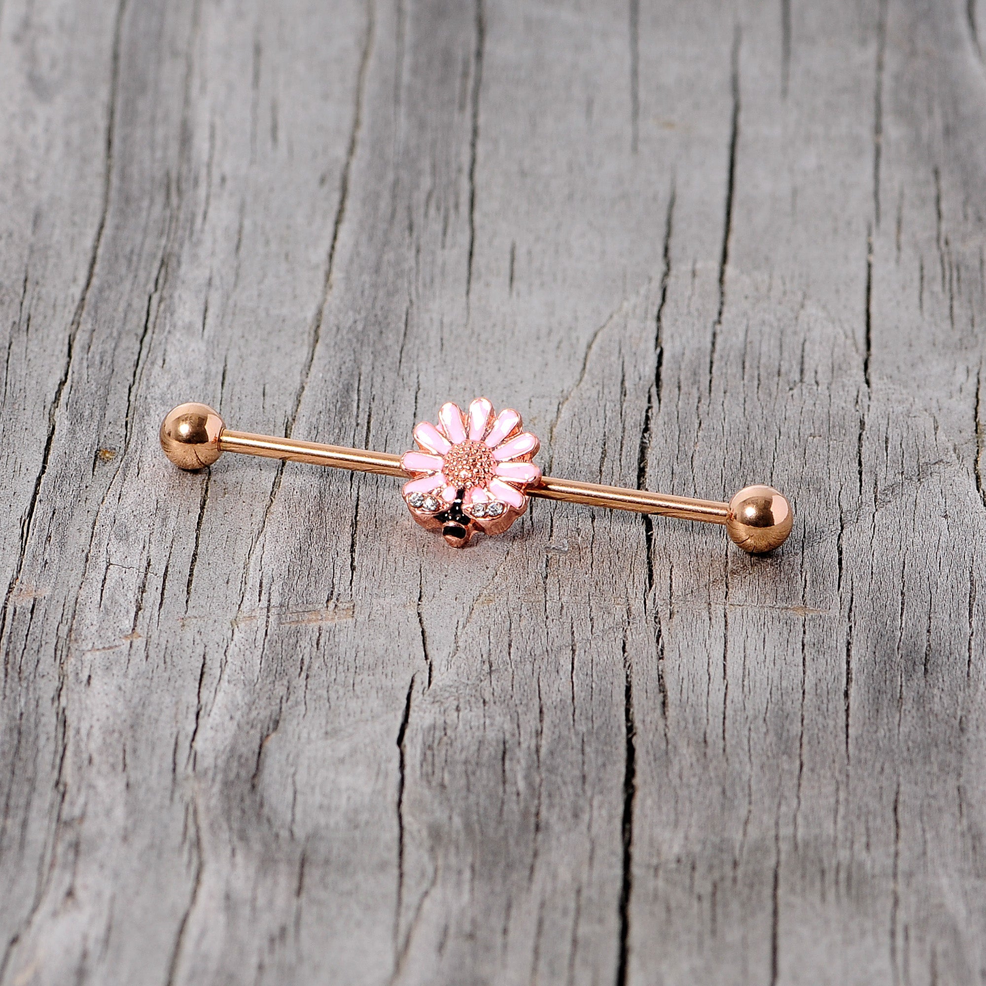 BodyCandy 14G Clear Gem Rose Gold Tone Flower Bee Industrial Barbell 38mm — back view