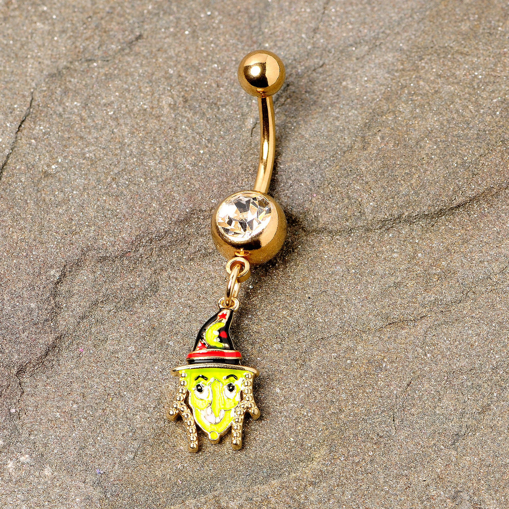 BodyCandy Clear Gem Gold Tone Green Witch Halloween Dangle Belly Ring — detail close-up