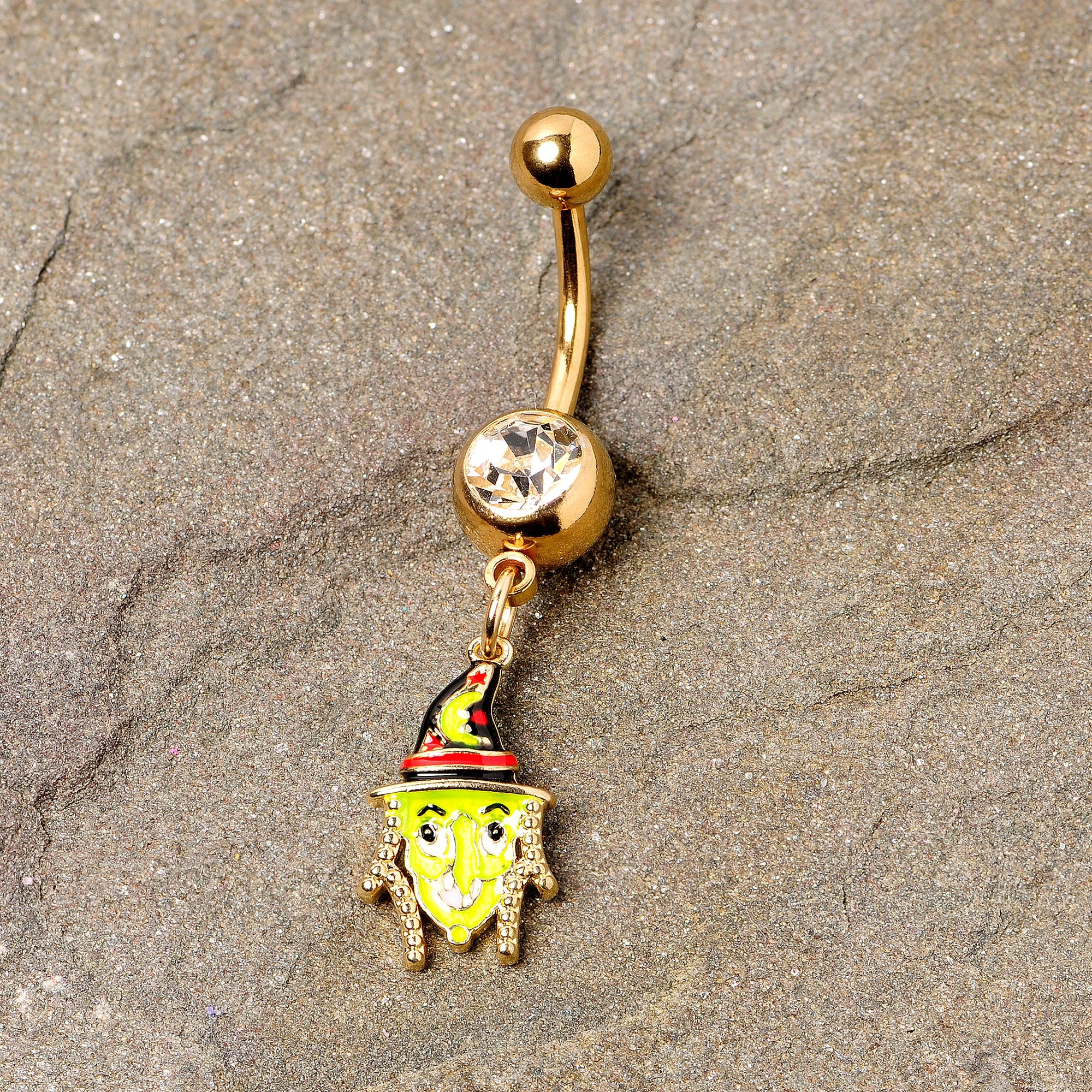 BodyCandy Clear Gem Gold Tone Green Witch Halloween Dangle Belly Ring — detail close-up