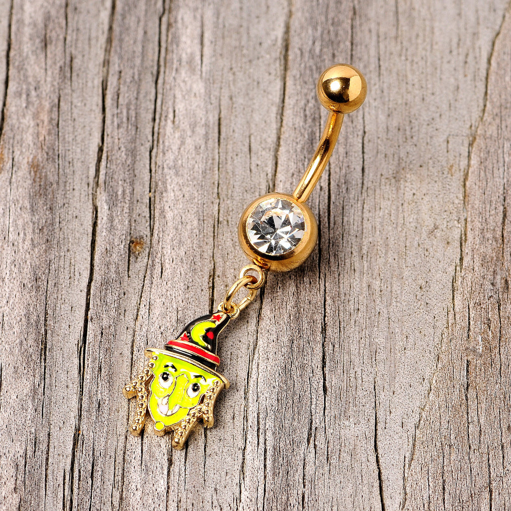 BodyCandy Clear Gem Gold Tone Green Witch Halloween Dangle Belly Ring — lifestyle context