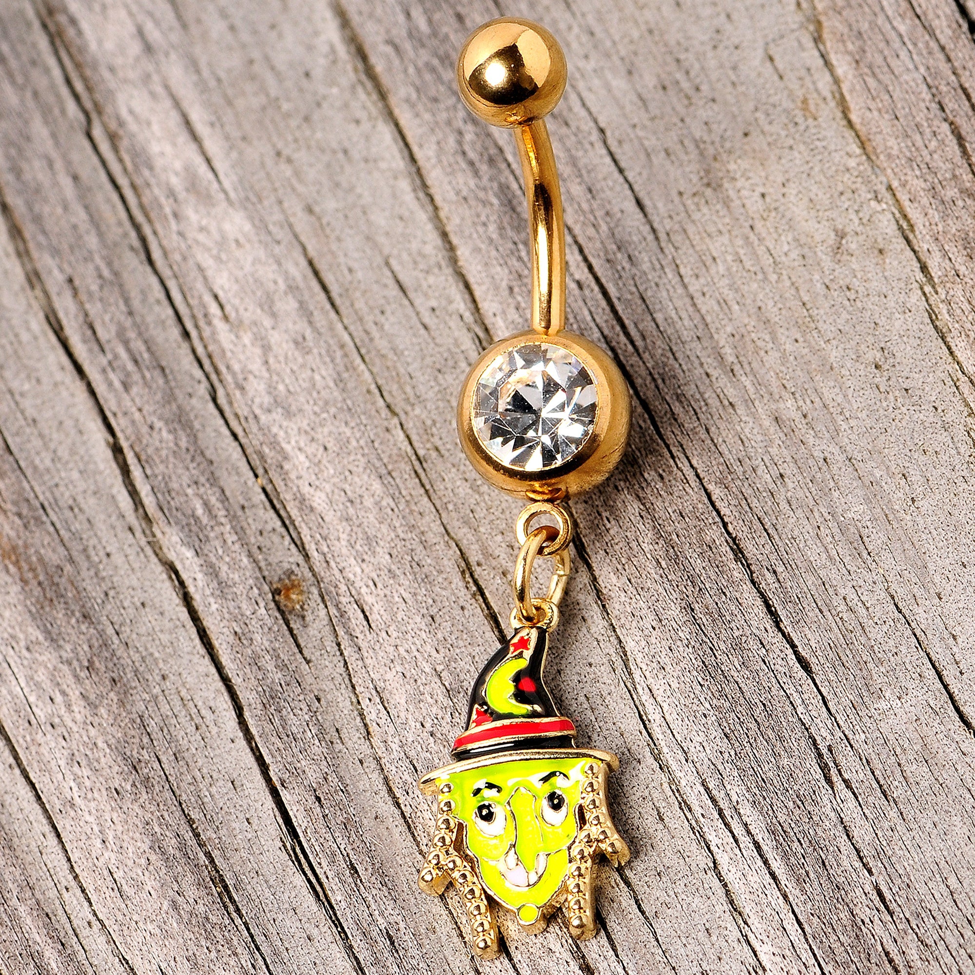 BodyCandy Clear Gem Gold Tone Green Witch Halloween Dangle Belly Ring — side view