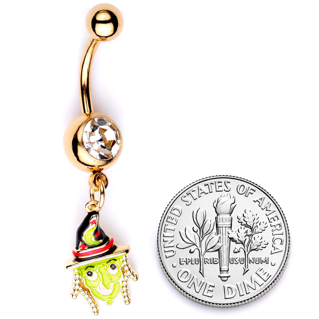 BodyCandy Clear Gem Gold Tone Green Witch Halloween Dangle Belly Ring — back view