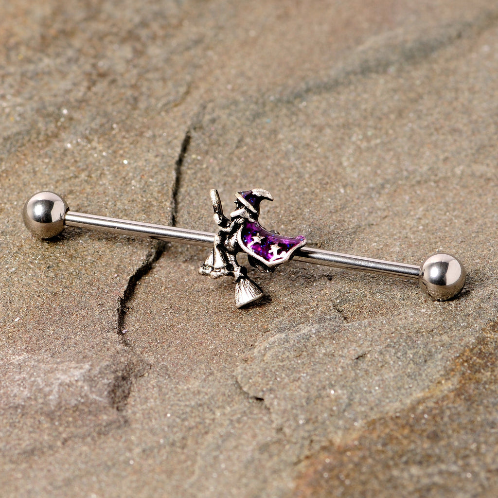 BodyCandy 14G Purple Witch Broom Halloween Industrial Barbell 38mm — detail close-up