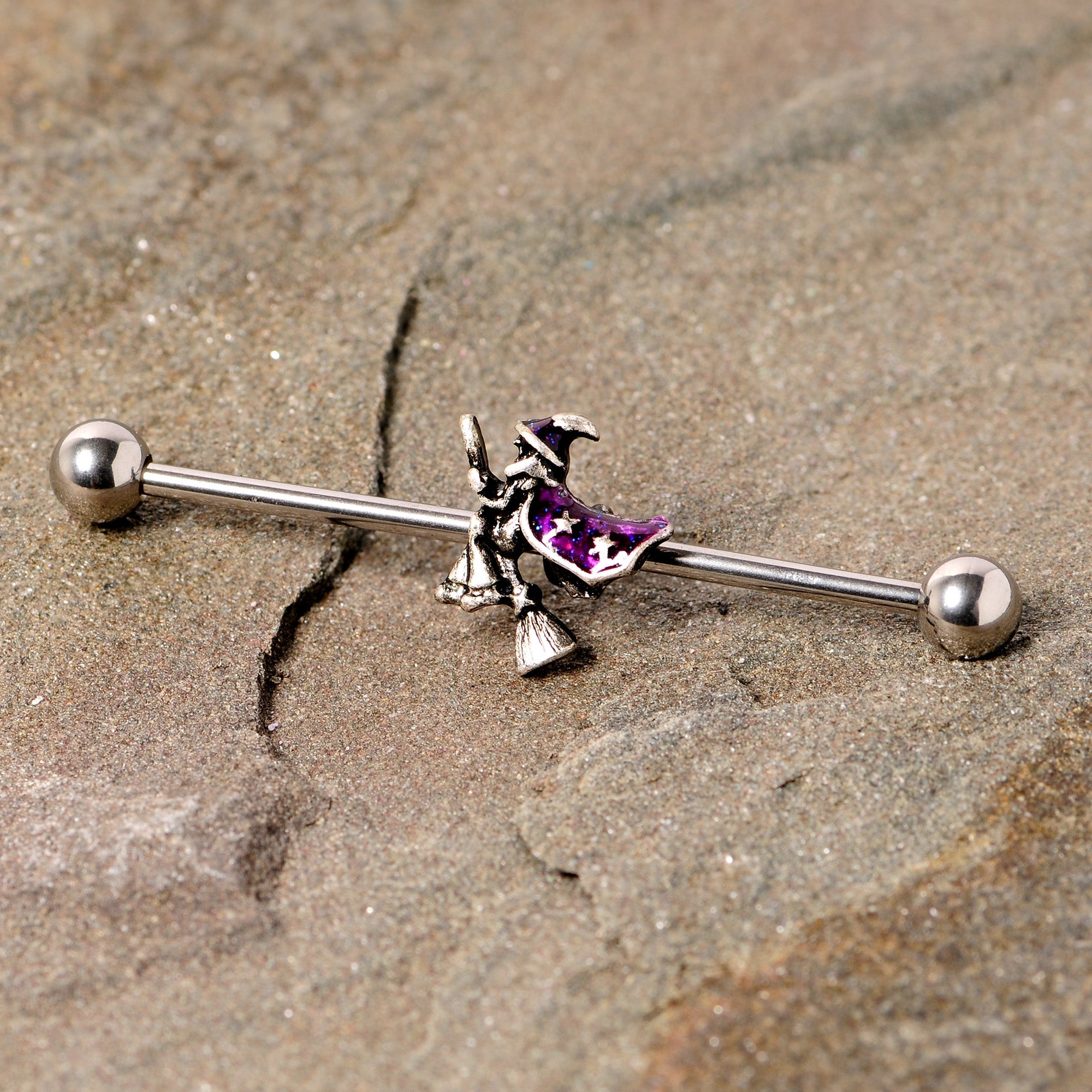 BodyCandy 14G Purple Witch Broom Halloween Industrial Barbell 38mm — detail close-up