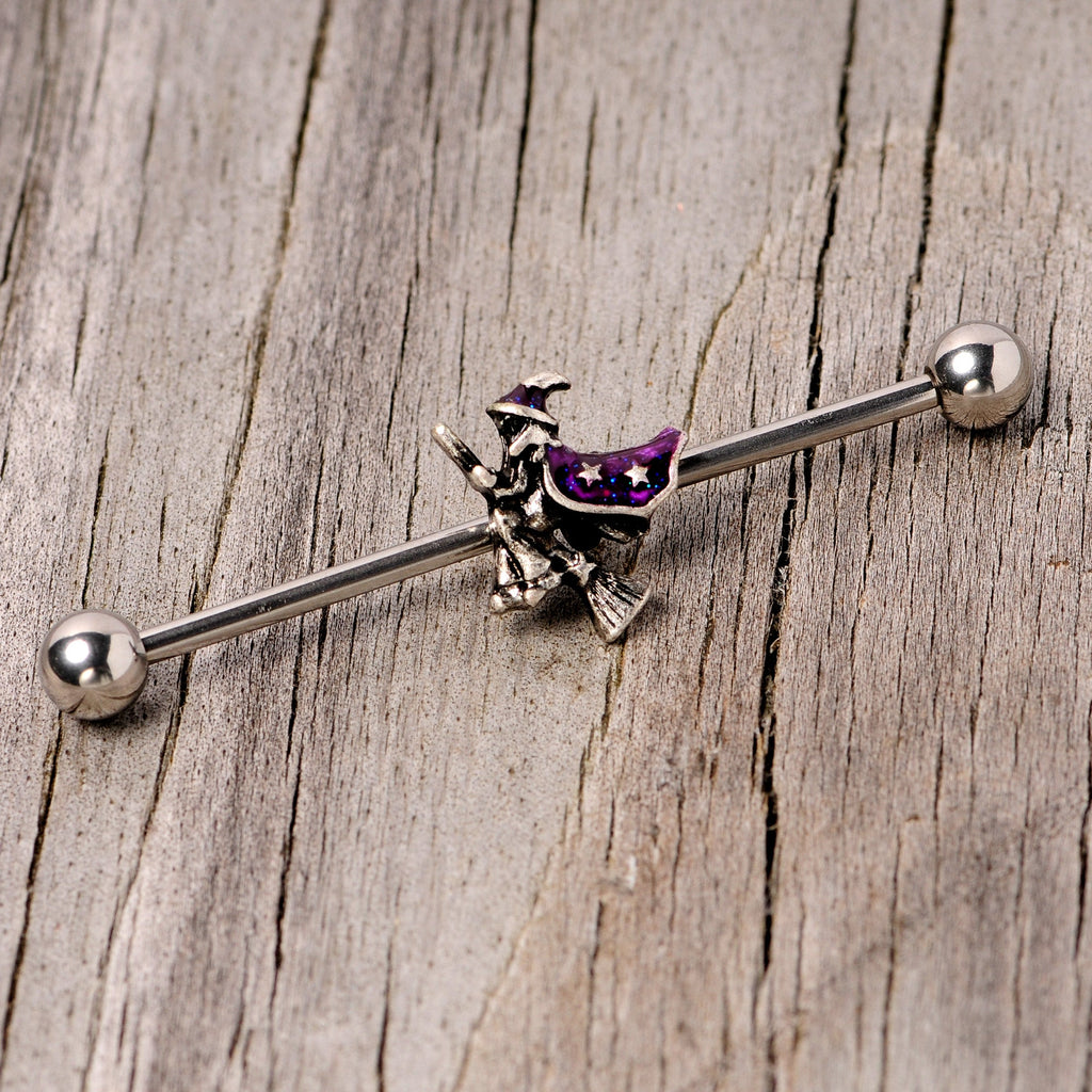 BodyCandy 14G Purple Witch Broom Halloween Industrial Barbell 38mm — lifestyle context