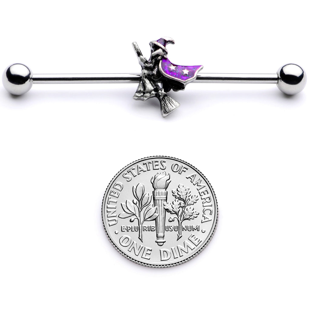 BodyCandy 14G Purple Witch Broom Halloween Industrial Barbell 38mm — side view