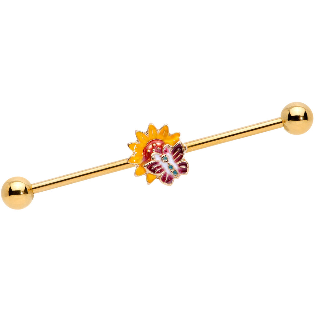 BodyCandy 14G Gold Tone Red Yellow Butterfly Flower Industrial Barbell 38mm — main product shot