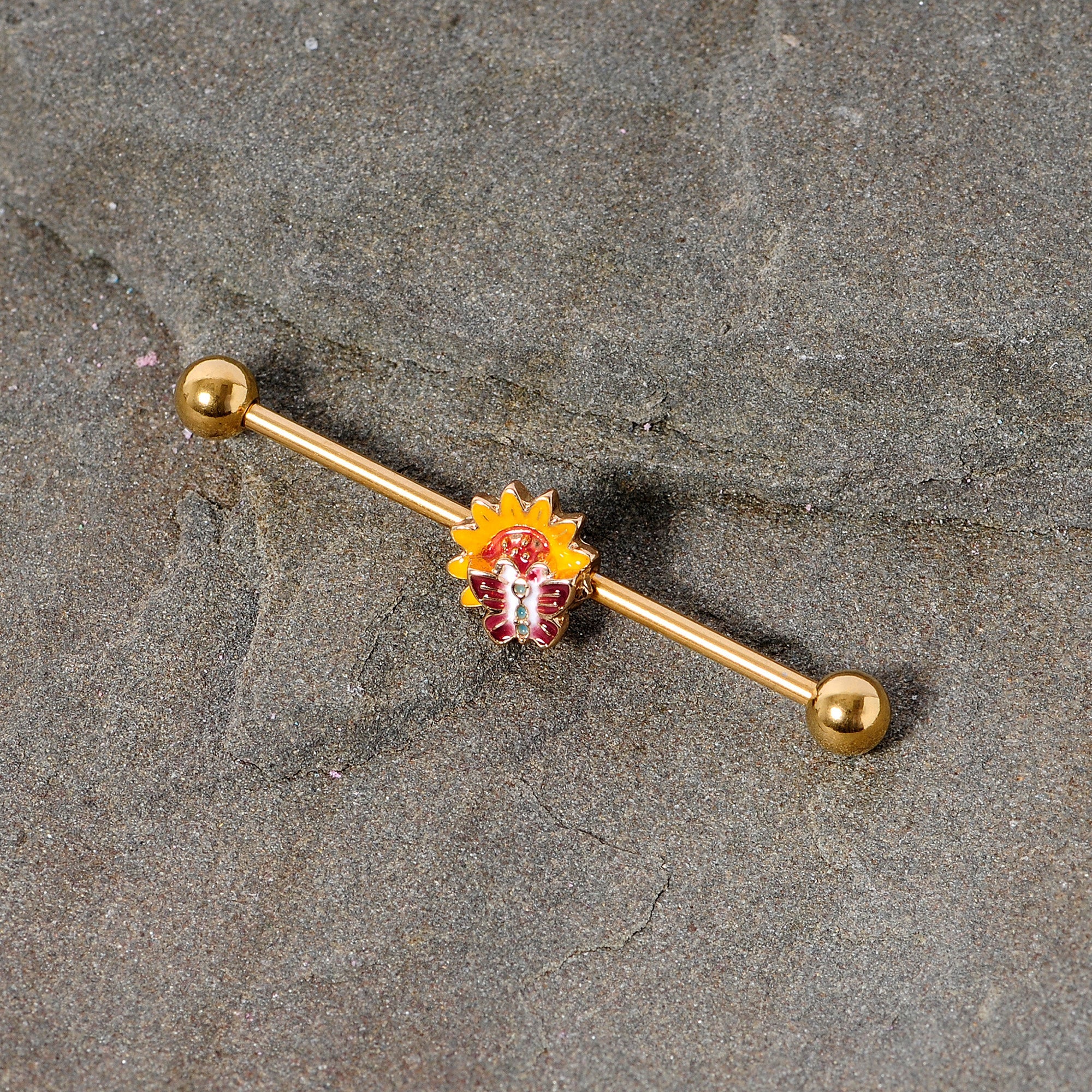 BodyCandy 14G Gold Tone Red Yellow Butterfly Flower Industrial Barbell 38mm — lifestyle context