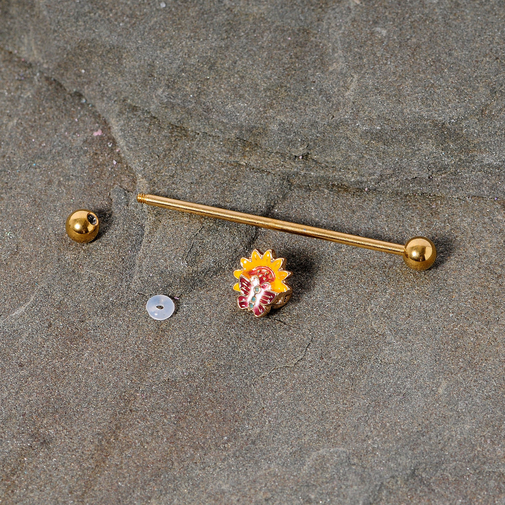 BodyCandy 14G Gold Tone Red Yellow Butterfly Flower Industrial Barbell 38mm — side view