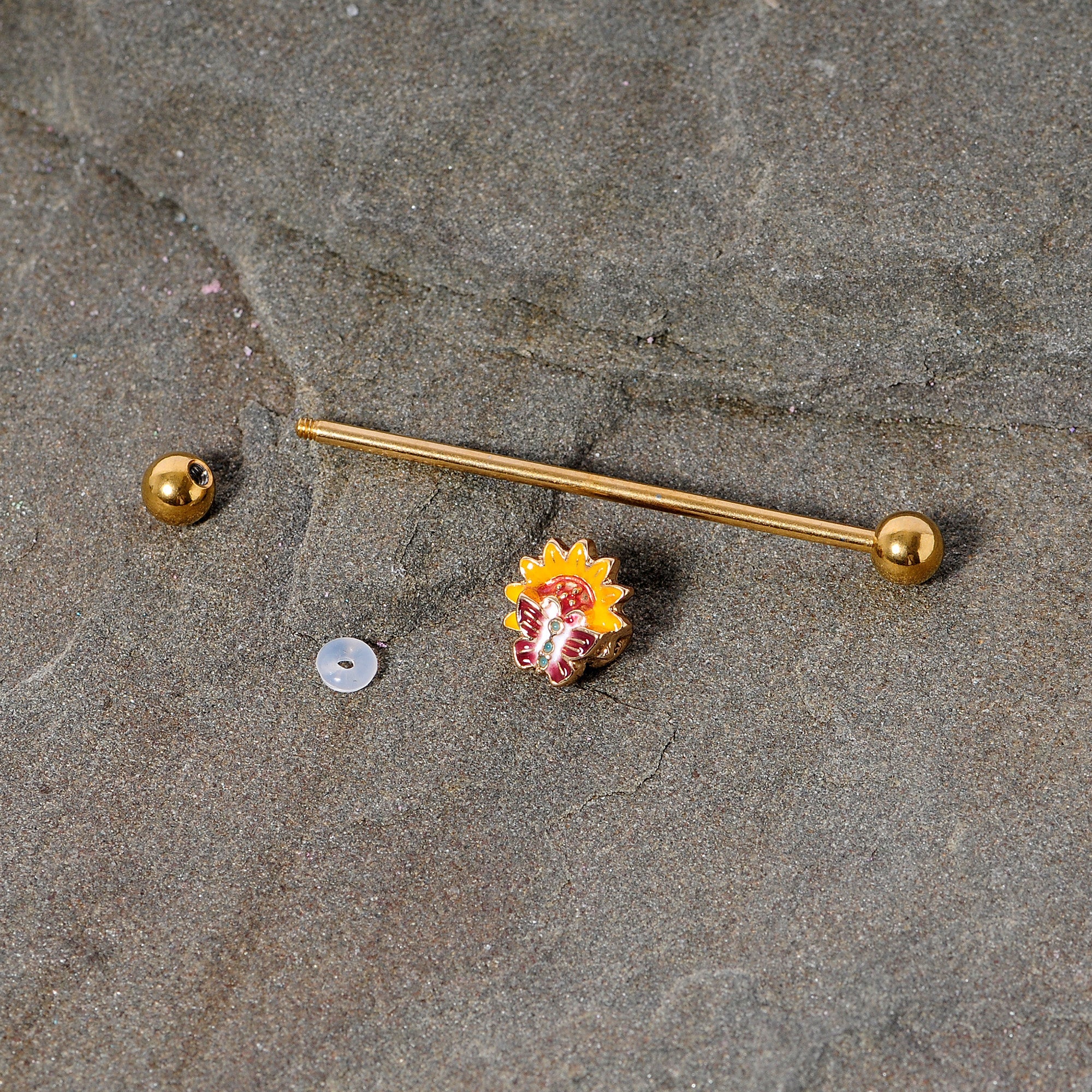 BodyCandy 14G Gold Tone Red Yellow Butterfly Flower Industrial Barbell 38mm — side view